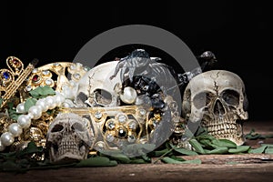 Still life Skull and scorpion with Treasure Gold jewelry, pirate