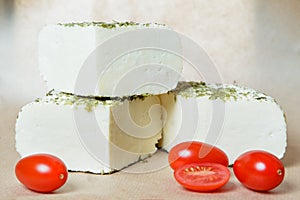 Still life of slices of homemade Adyghe cheese with dill and tomato slices on a background of parchment paper