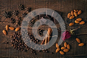 Still life with spices, coffee and chocolate.