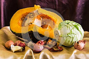 Still life split pumpkin and Vegetable