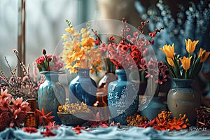 Still life with spring flowers in blue vases on the windowsill