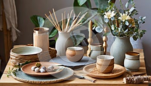 Still life. A styled table of pots, vases, plates and ceramic and wooden decor items