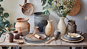 Still life. A styled table of pots, vases, plates and ceramic and wooden decor items
