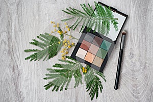 Still life of summer cosmetic make-up, brush and flowers of mimosa on a wooden table. Decor and makeup