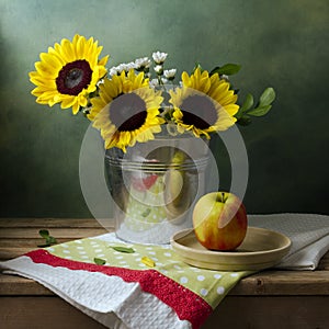 Still life with sunflowers and apple photo