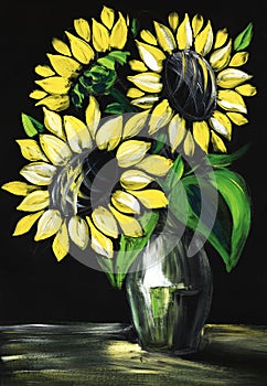 Still life with sunflowers on a black background. Hand painted on a paper illustration