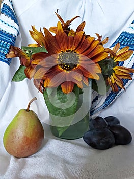 still life: sunflowers, pear and plums, against the background of homespun fabric