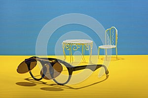 Still life with sunglasses, table and chair on a yellow-blue background
