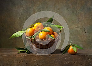 Still life with tangerines in a basket