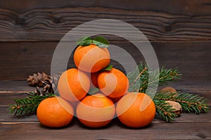 Still life with tangerines, fir branches and nuts