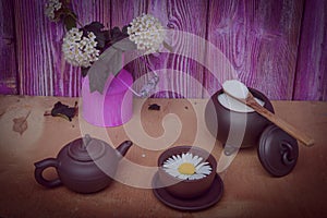 Still life - teapot for flower tea on a bright colored background.. High quality creative artwork clipart