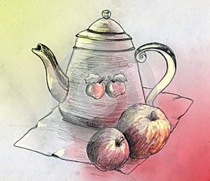 Still life with teapot and two apples