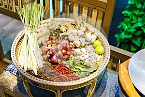still life of thai food ingredients, spices with ingredients for