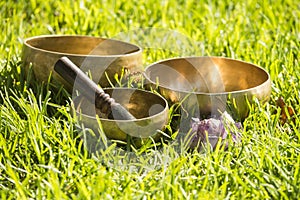 Still life with Tibetan bowls on grass