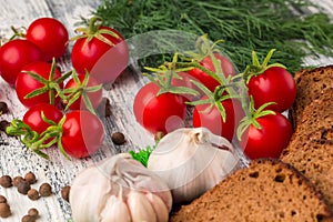 Still life of tomatoes, black bread, garlic, fennel, bayberry p