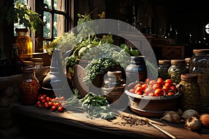 Still life with tomatoes and other vegetables in rustic kitchen, panorama AI generated Generative AI
