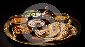 A still life of a traditional Indian thali with breads, dals, and other dishes on a plate