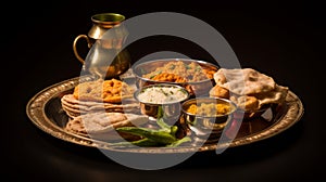 A still life with a traditional Indian thali with various breads, dals, and dishes on a plate