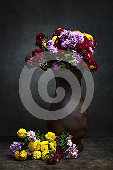 Still life with two bouquets of chrysanthemums