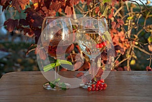 Still-life with a two glass of wine, autumn leaves and berries