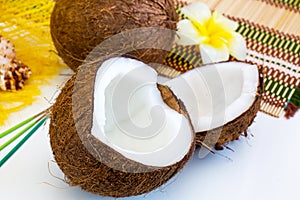 Still life with two parts of ripe Fresh coconut