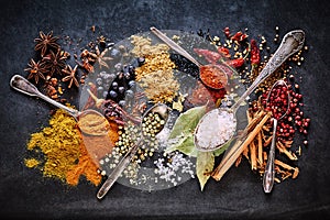 Still life of a variety of dried culinary spices