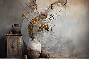 Still life with vase and pottery on grunge wall background