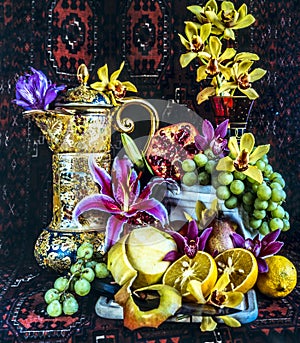 Still life with Vase rug and fruit