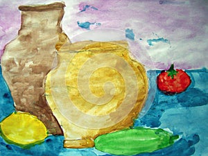 Still life with vases and vegetables made by child