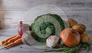 Still life vegetables are presented