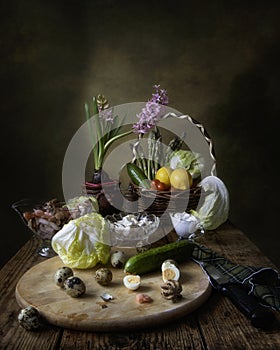 Still life with vegetables and quail eggs