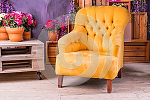 Still Life of Vintage Chair in Living Room.Terrace lounge with comfortable yellow arm chair,divans in a luxury house