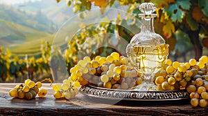 Still life with vintage decanter, glass filled with white wine fresh and ripe large white grapes on antique silver platter