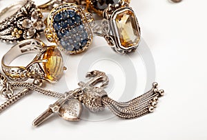 Still life with vintage jewelry with copy space