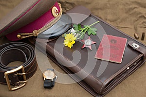 Still life with vintage objects dedicated to Victory Day. Order of the Red Star.