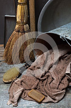 Still life with vintage tools for cleaning