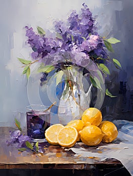 Still life in violet tones. Oil painting in impressionism style. Vertical composition