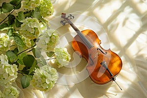 Still life with violin and beautiful light green hydrangea flowers