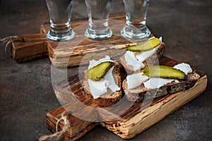 Still life with vodka, bread, lard  and salty cucumber