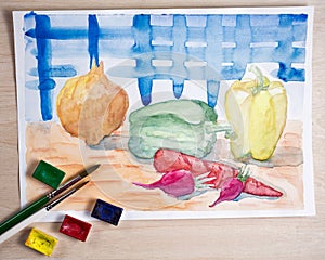 Still life with watercolor paint