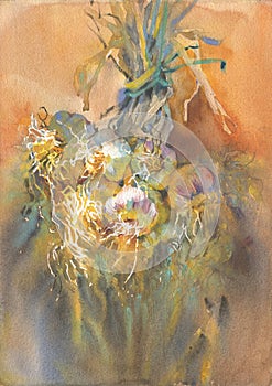 Still life watercolor painting garlic expressive painting
