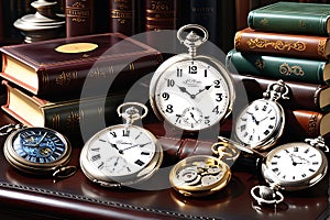 Still Life Watercolor: Vintage Clocks and Watches - Silver Pocket Watch with Delicate Engravings