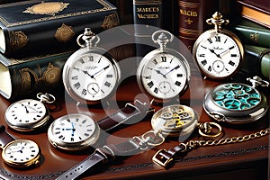 Still Life Watercolor: Vintage Clocks and Watches - Silver Pocket Watch with Delicate Engravings
