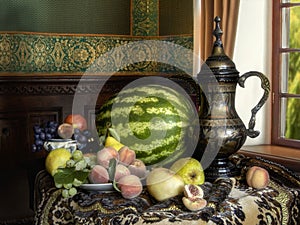 Still life with watermelon and fruits in the interior