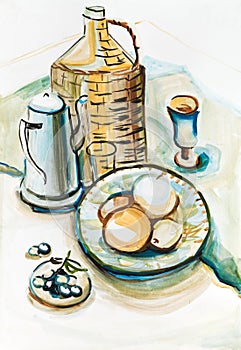 Still life with a wattled bottle