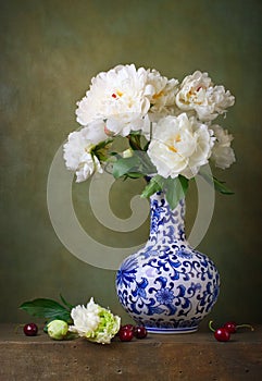 Still life with white peonies in a chinese vase