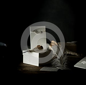 Still life. White vintage boxes, gilded feather on a wooden table. Dark background