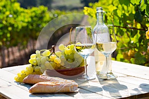 Still life with white wine, grapes and fresh bread in vineyards