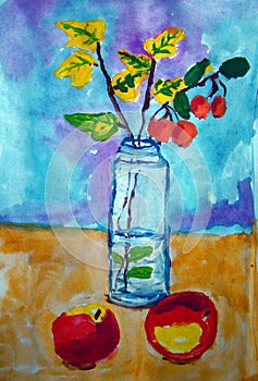 Still life with wild and garden apples painted by child