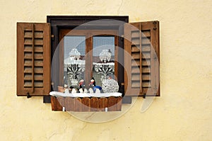 Still-Life in Window, Scuol, Unterengadin, Graubunden, Switzerland